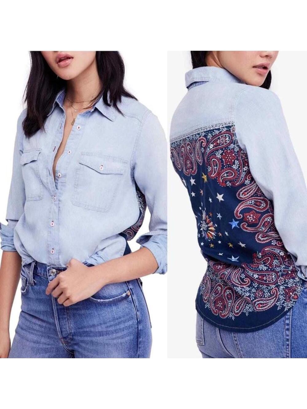 Free People Embroidered Bandana Bandit Chambray Button Down Shirt Women’s Small - Picture 14 of 15